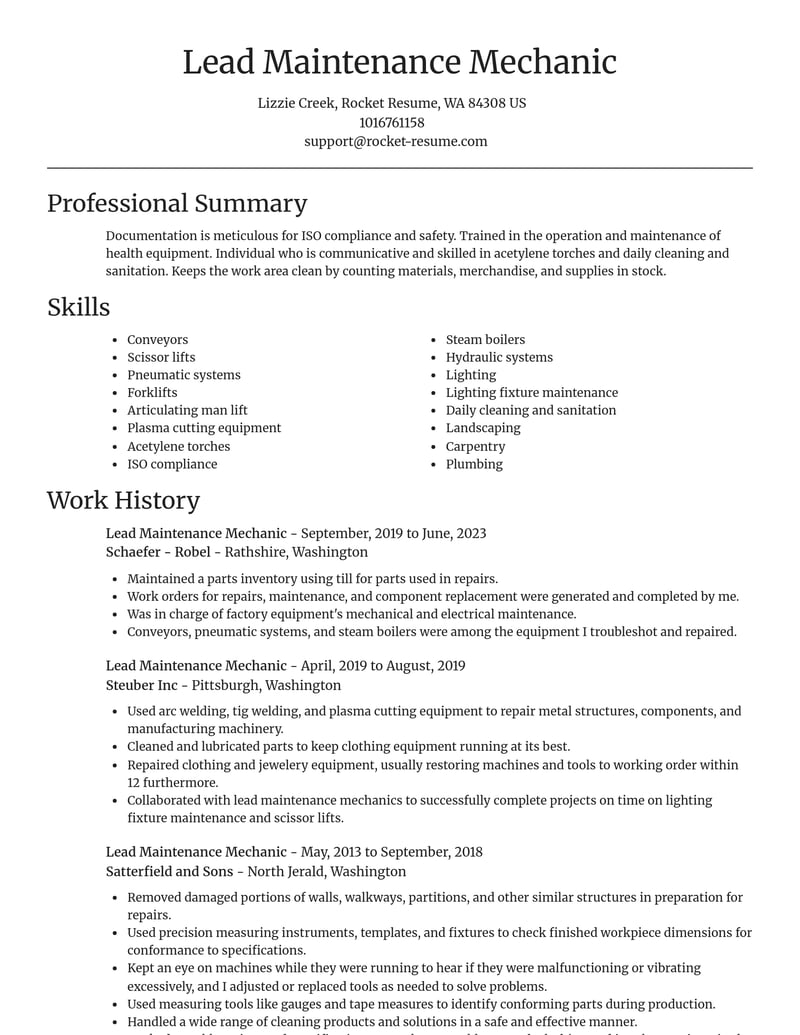 lead maintenance mechanic automotive and motor vehicles resume focal point template 2 foc