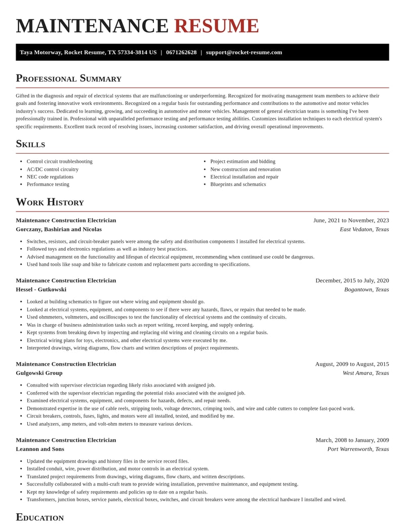 maintenance construction electrician automotive and motor vehicles resume exquisite template 1 exq