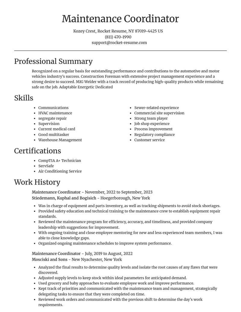 maintenance coordinator automotive and motor vehicles resume focal point template 0 foc