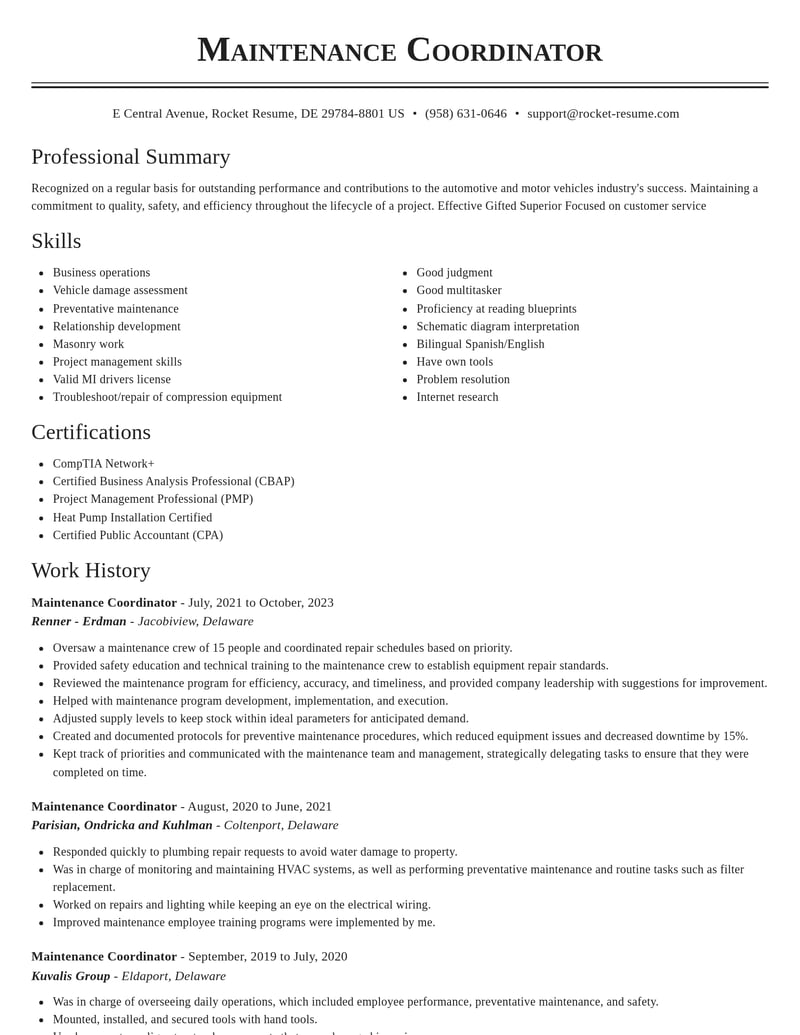maintenance coordinator automotive and motor vehicles resume classic template 1 cla