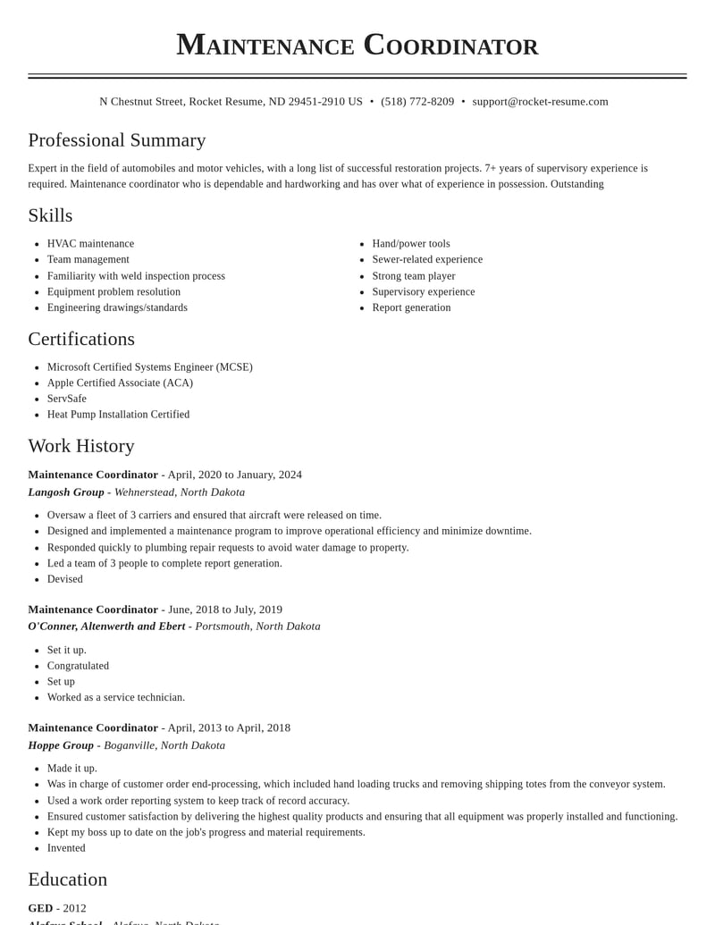 maintenance coordinator automotive and motor vehicles resume classic template 2 cla