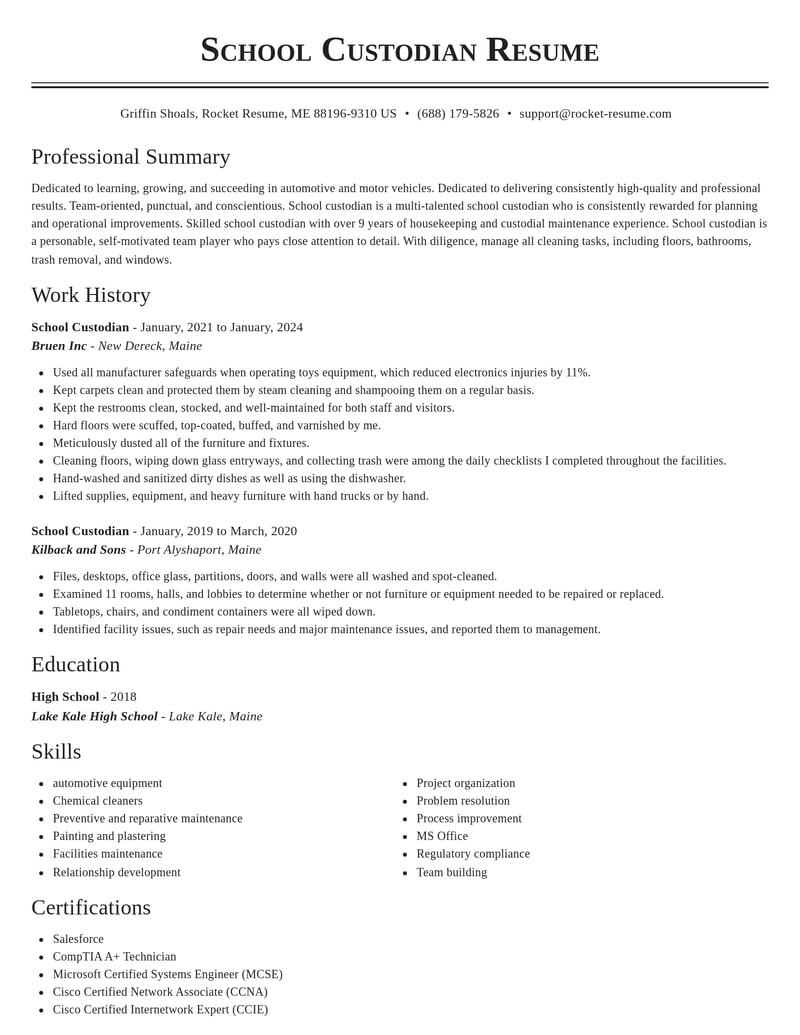 school custodian automotive and motor vehicles resume classic template 1 cla