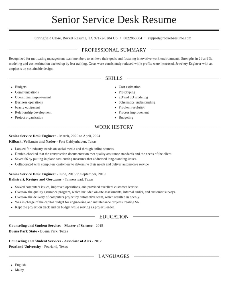 senior service desk engineer automotive and motor vehicles resume elegant template 2 ele