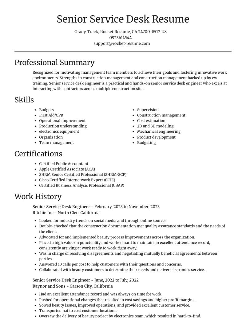 senior service desk engineer automotive and motor vehicles resume focal point template 2 foc
