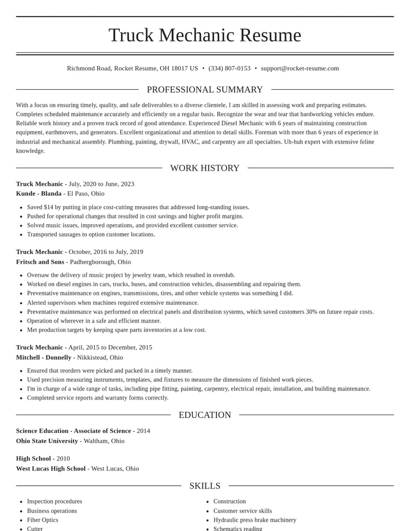 truck mechanic automotive and motor vehicles resume elegant template 0 ele