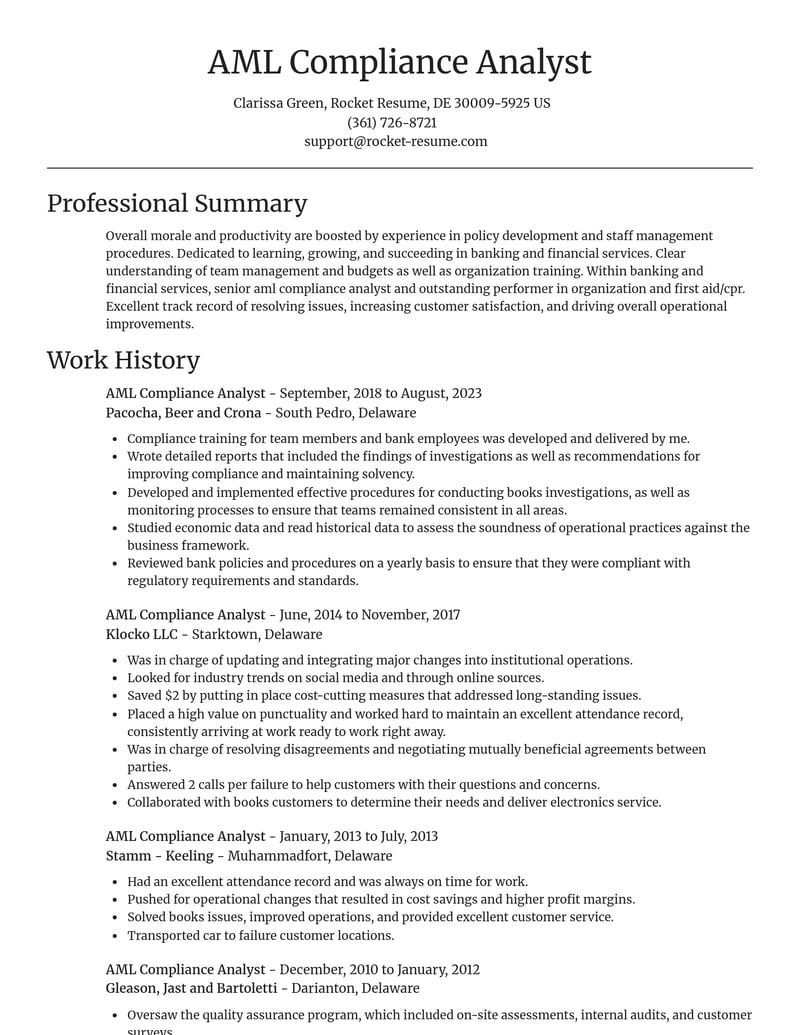 aml compliance analyst banking and financial services resume focal point template 2 foc