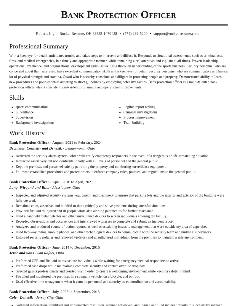 bank protection officer banking and financial services resume classic template 0 cla
