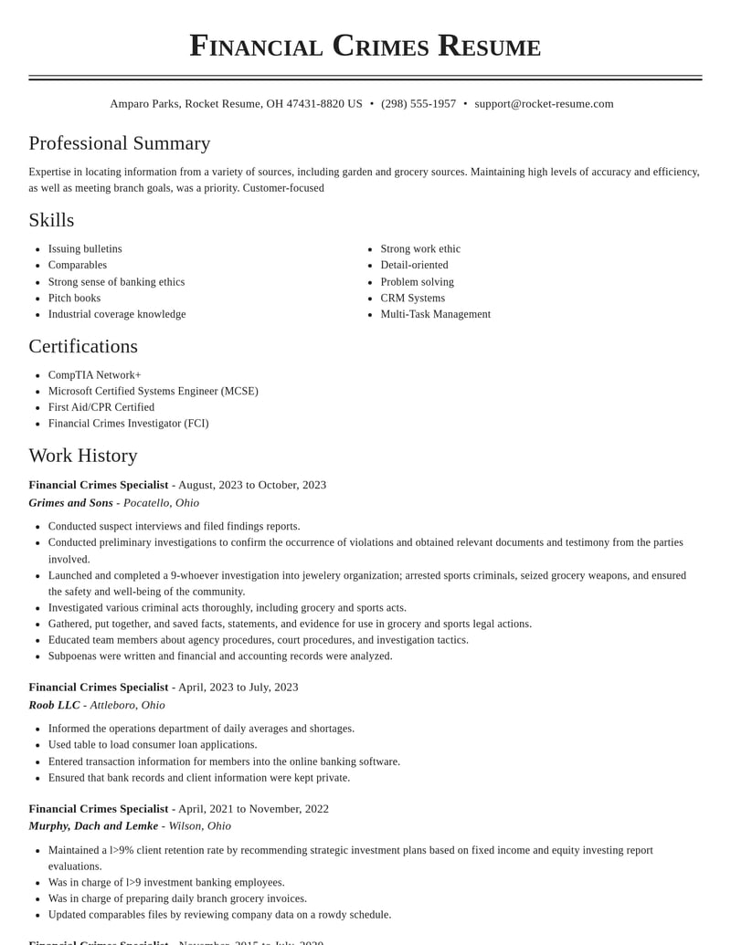 financial crimes specialist banking and financial services resume classic template 2 cla