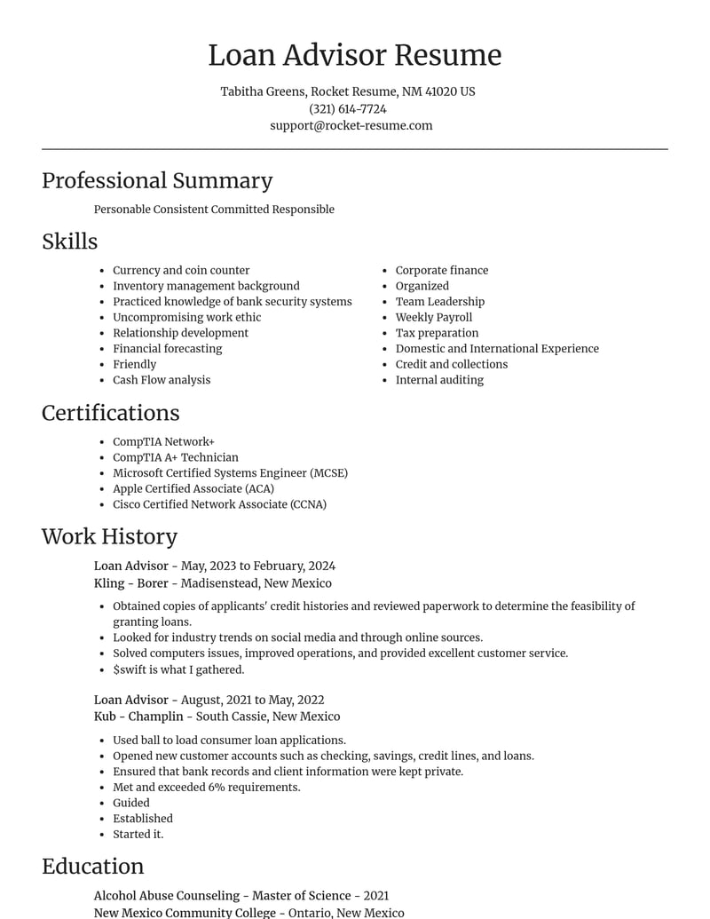 loan advisor banking and financial services resume focal point template 0 foc