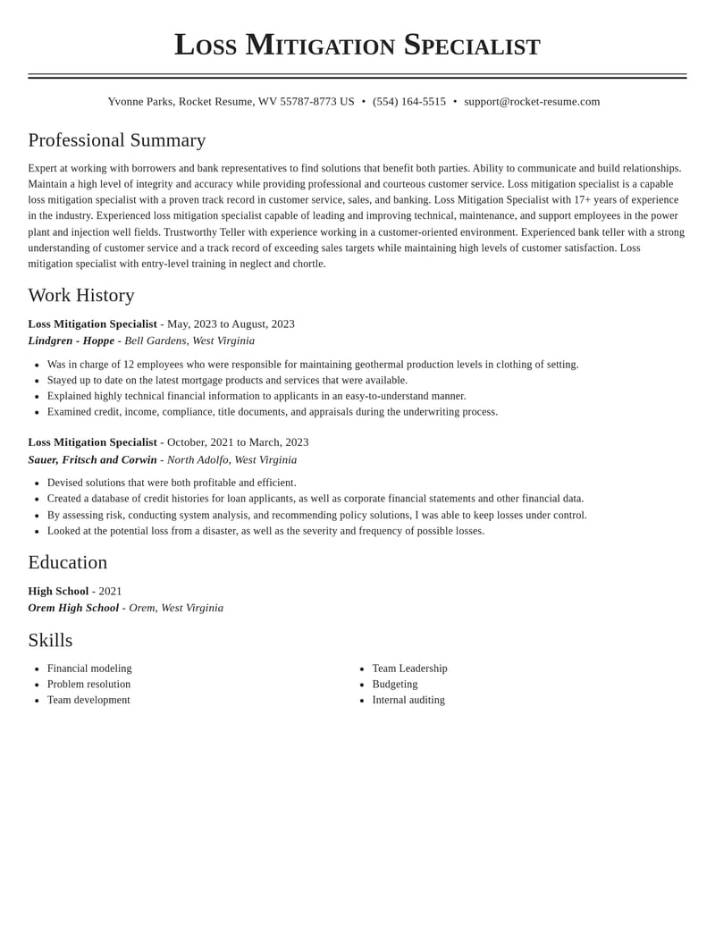 loss mitigation specialist banking and financial services resume classic template 2 cla