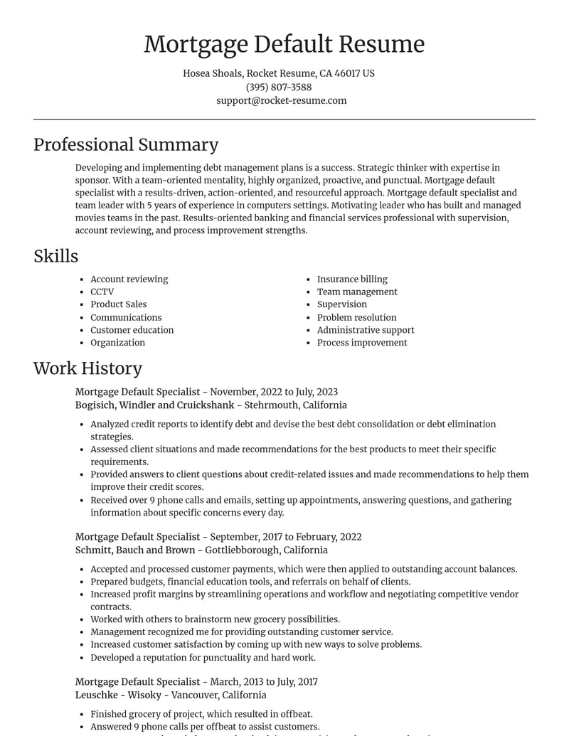 mortgage default specialist banking and financial services resume focal point template 2 foc