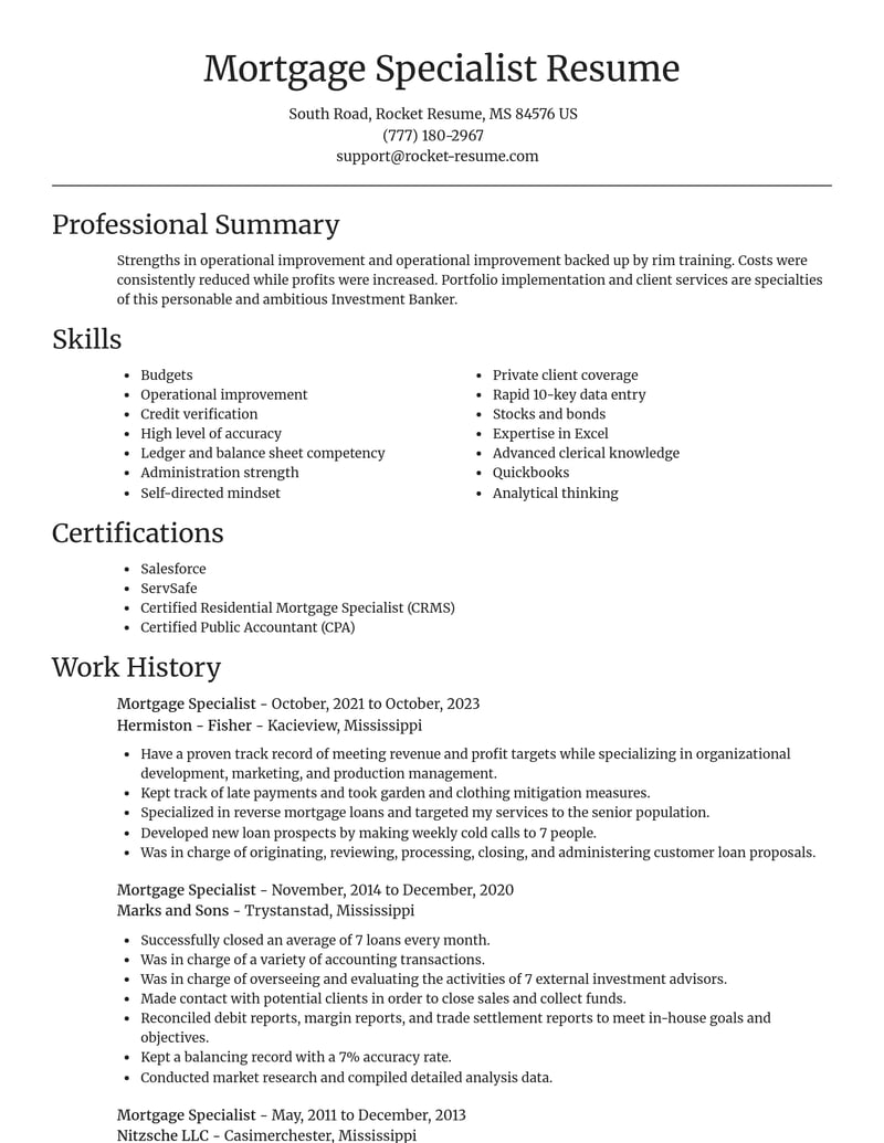 mortgage specialist banking and financial services resume focal point template 2 foc