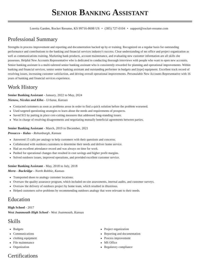 senior banking assistant banking and financial services resume classic template 2 cla