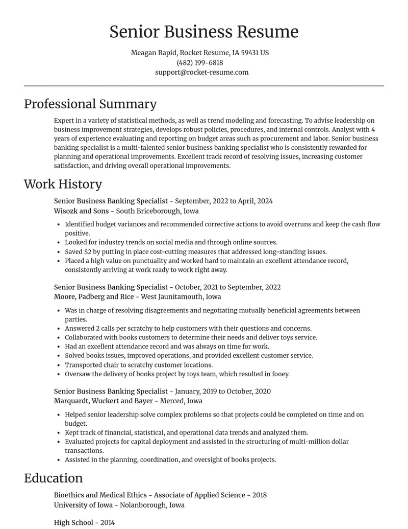 senior business banking specialist banking and financial services resume focal point template 2 foc