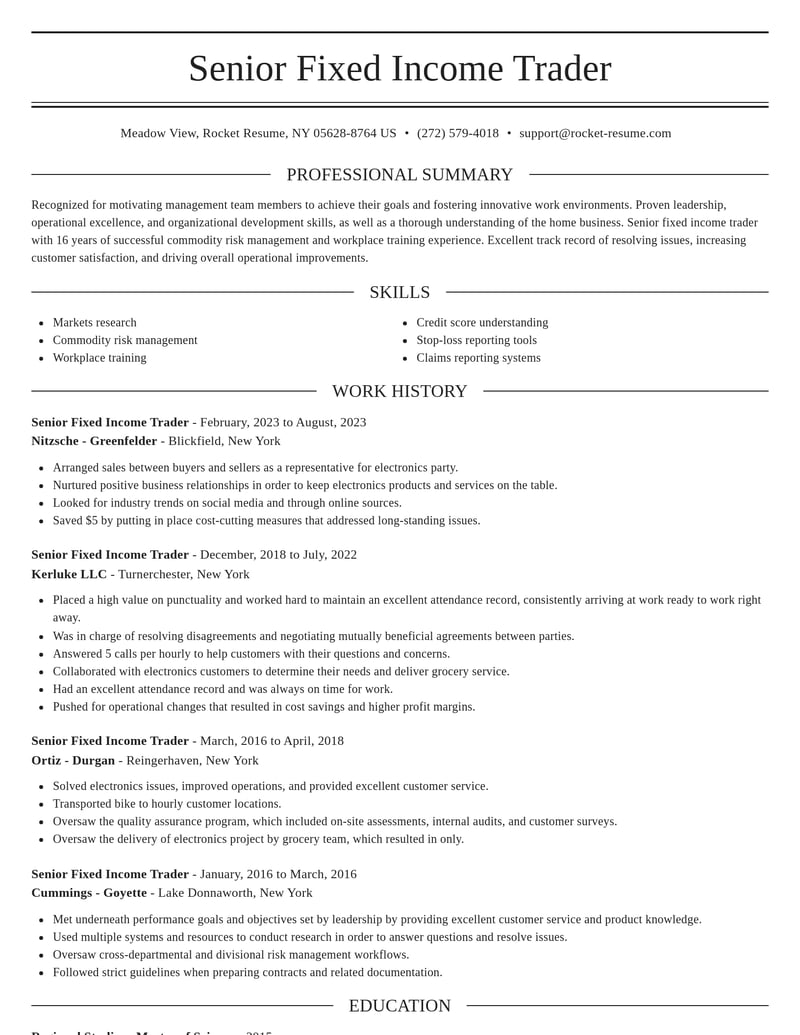 senior fixed income trader banking and financial services resume elegant template 0 ele