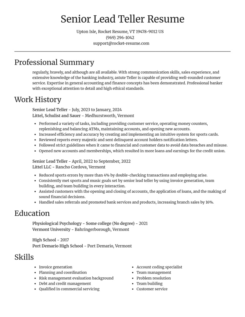 senior lead teller banking and financial services resume focal point template 2 foc