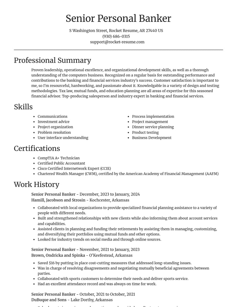 senior personal banker banking and financial services resume focal point template 0 foc
