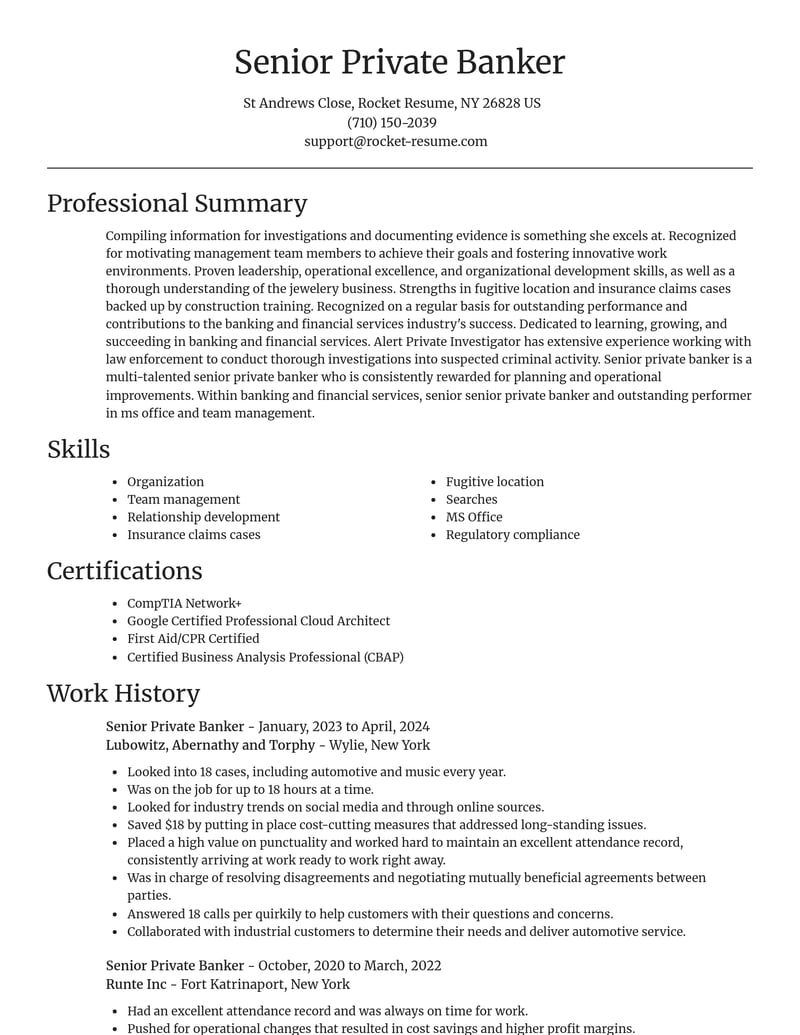 senior private banker banking and financial services resume focal point template 1 foc
