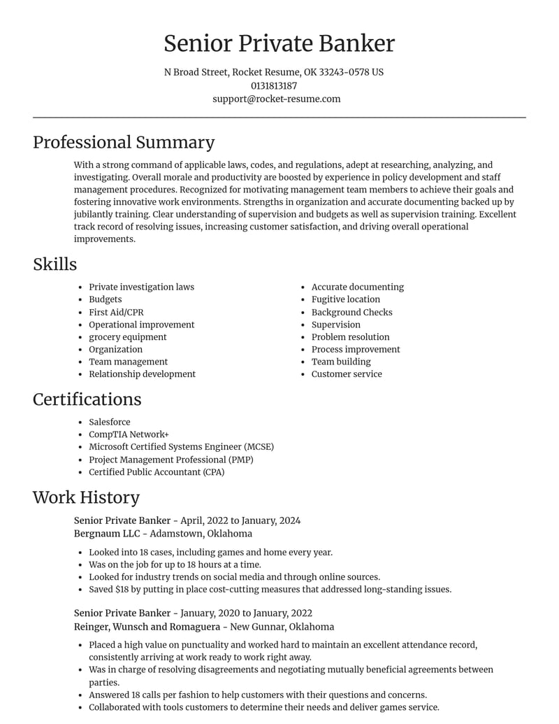 senior private banker banking and financial services resume focal point template 2 foc