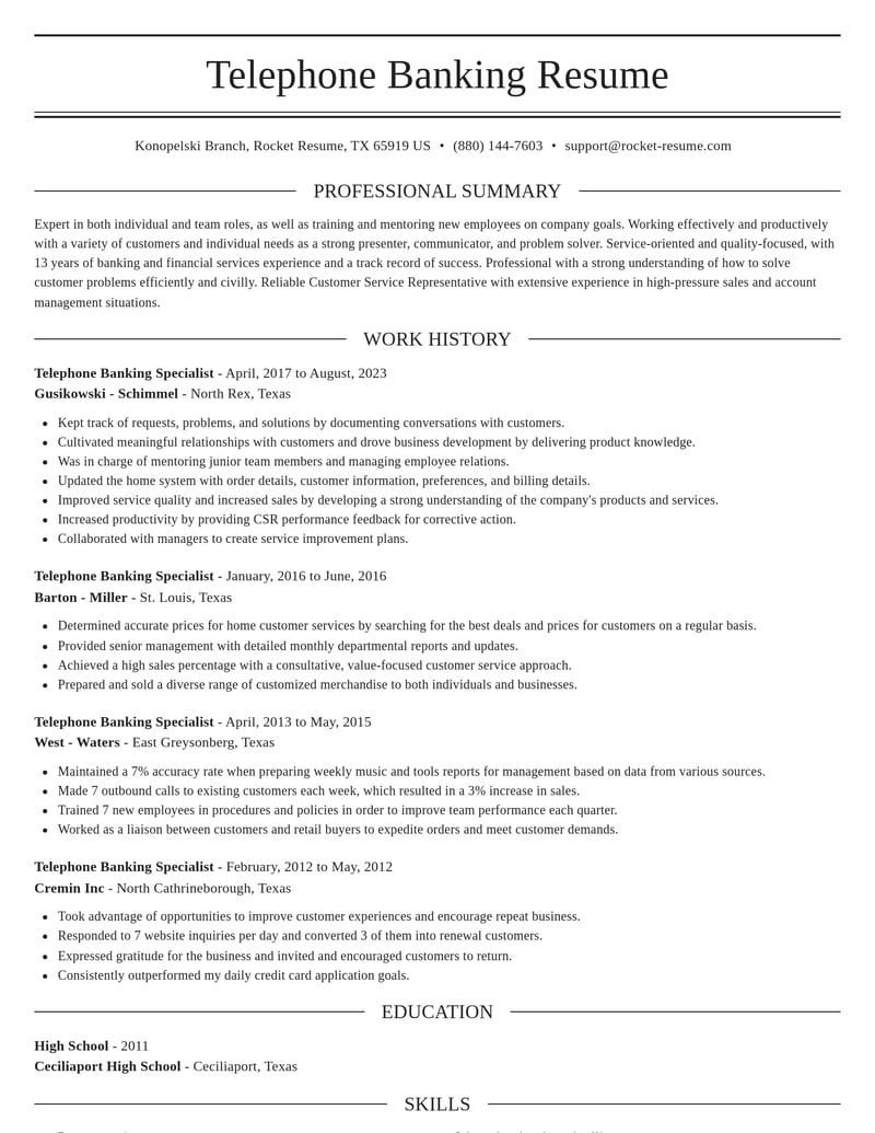 telephone banking specialist banking and financial services resume elegant template 0 ele