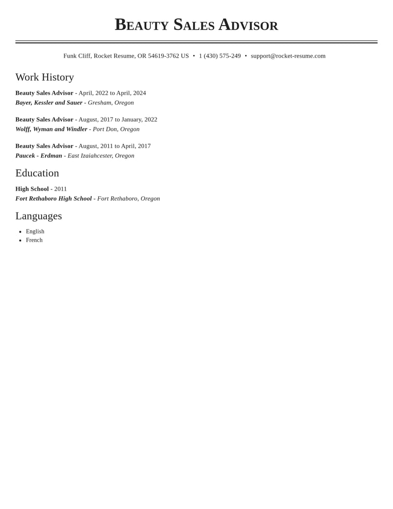 beauty sales advisor beauty and spa resume classic template 2 cla