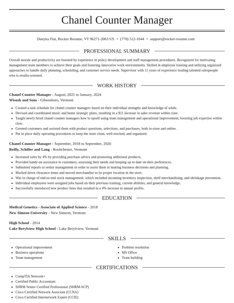 chanel counter manager beauty and spa resume elegant template 2 ele