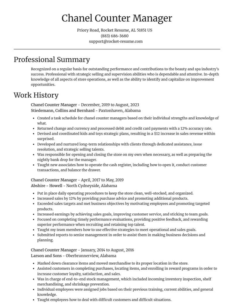 chanel counter manager beauty and spa resume focal point template 2 foc