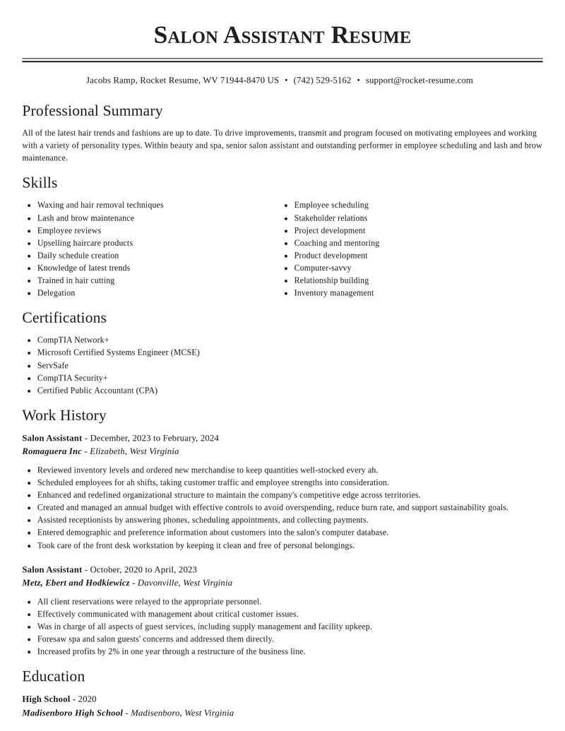 salon assistant beauty and spa resume classic template 2 cla