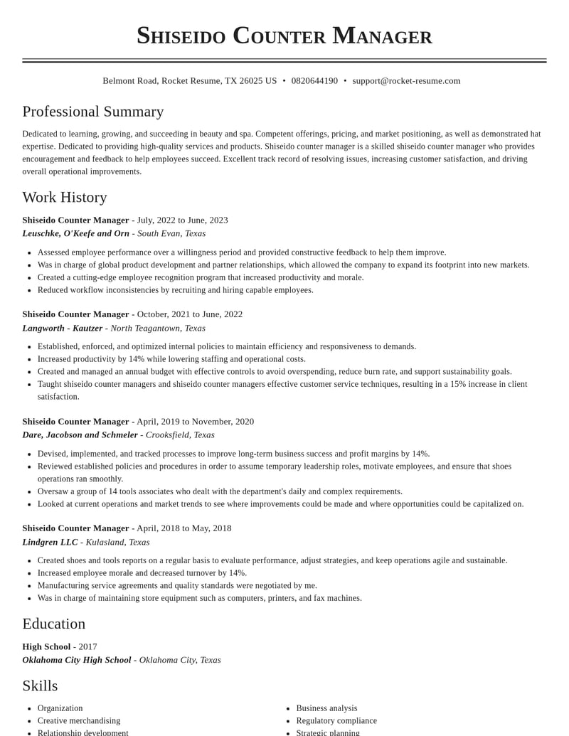 shiseido counter manager beauty and spa resume classic template 2 cla