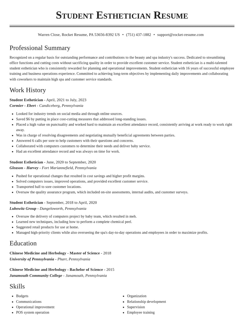 student esthetician beauty and spa resume classic template 2 cla