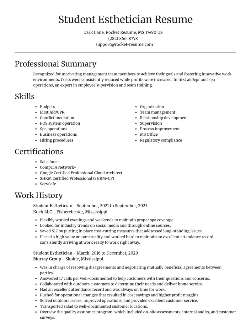 student esthetician beauty and spa resume focal point template 2 foc