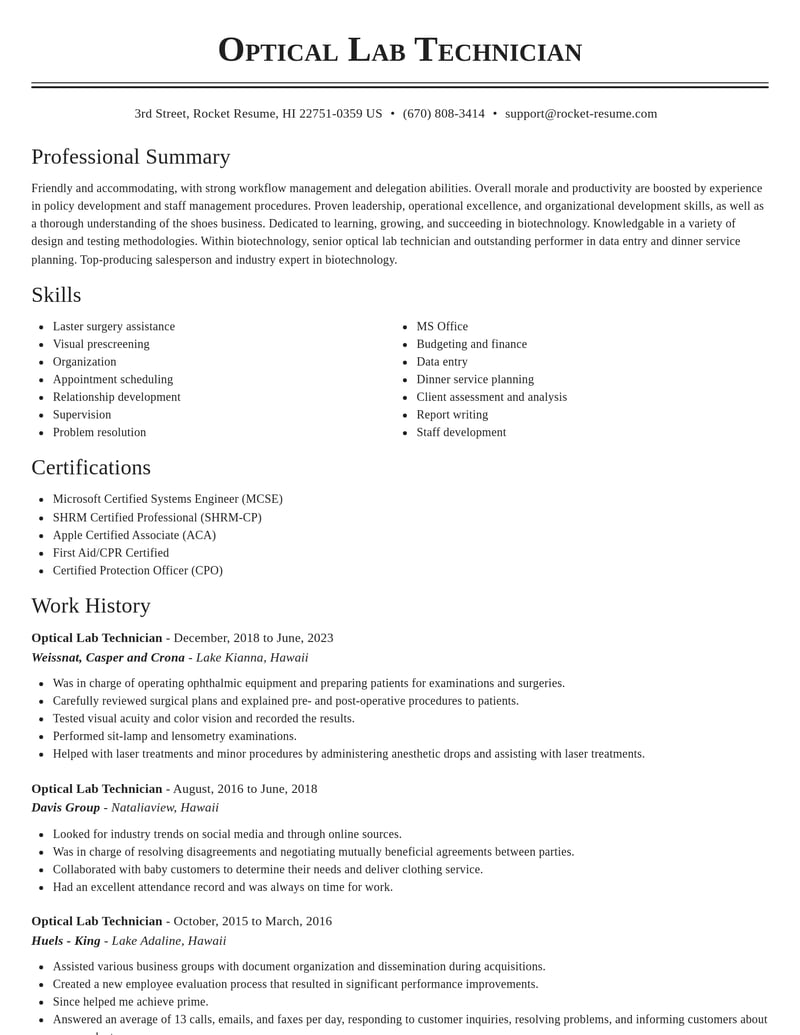 optical lab technician biotechnology resume classic template 2 cla