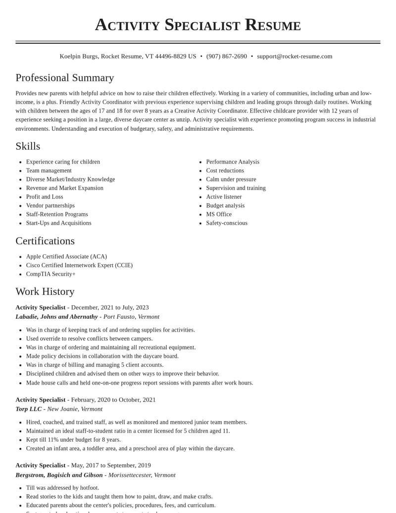 activity specialist childcare resume classic template 1 cla