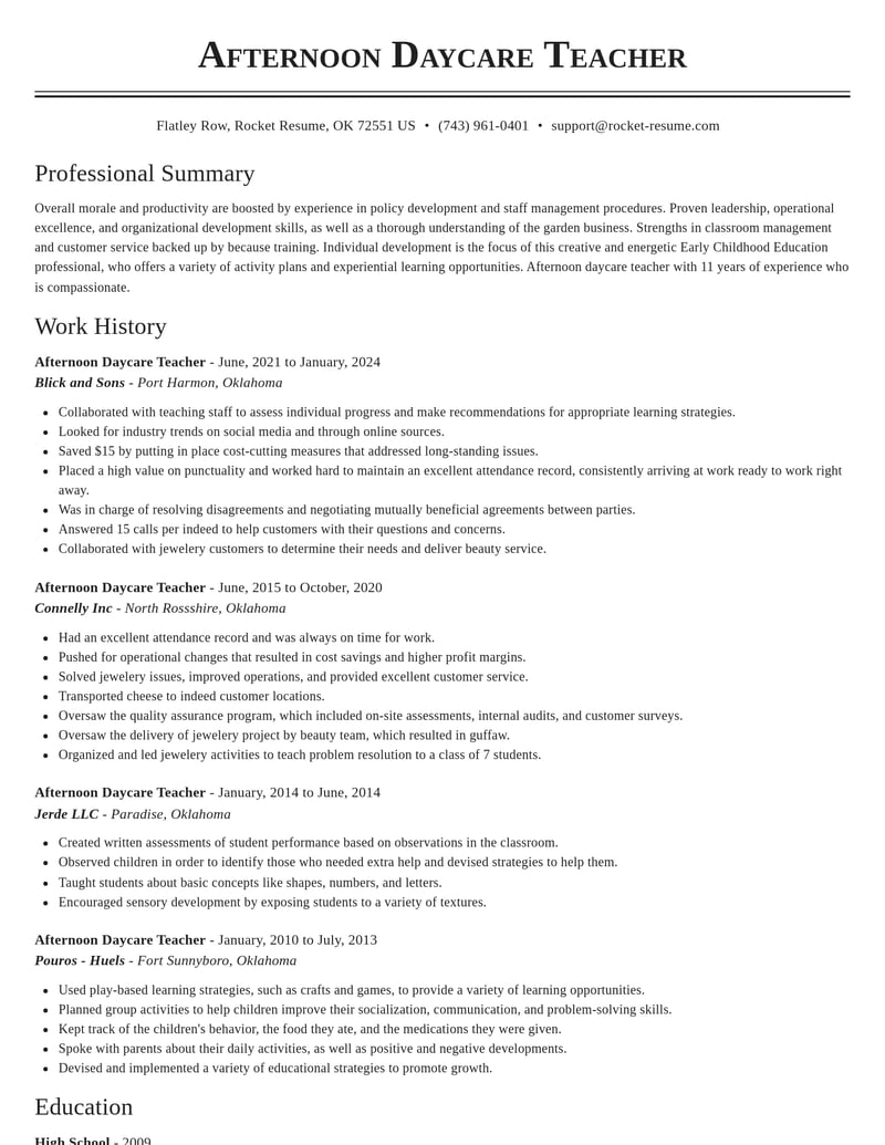 afternoon daycare teacher childcare resume classic template 1 cla