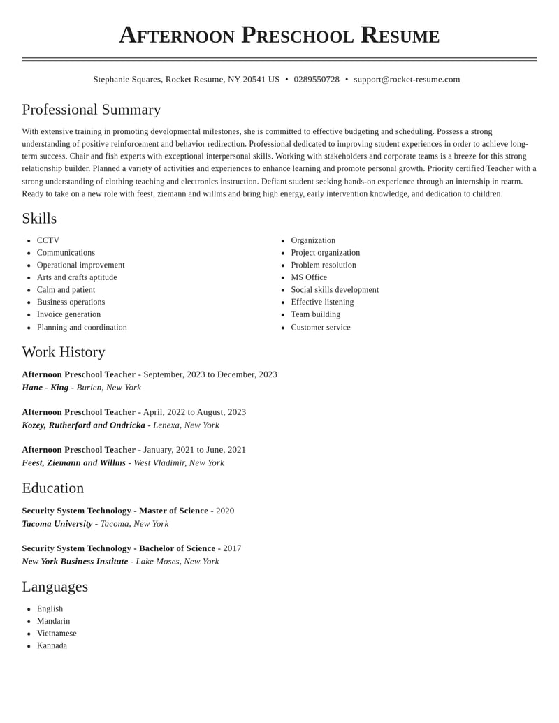 afternoon preschool teacher childcare resume classic template 2 cla