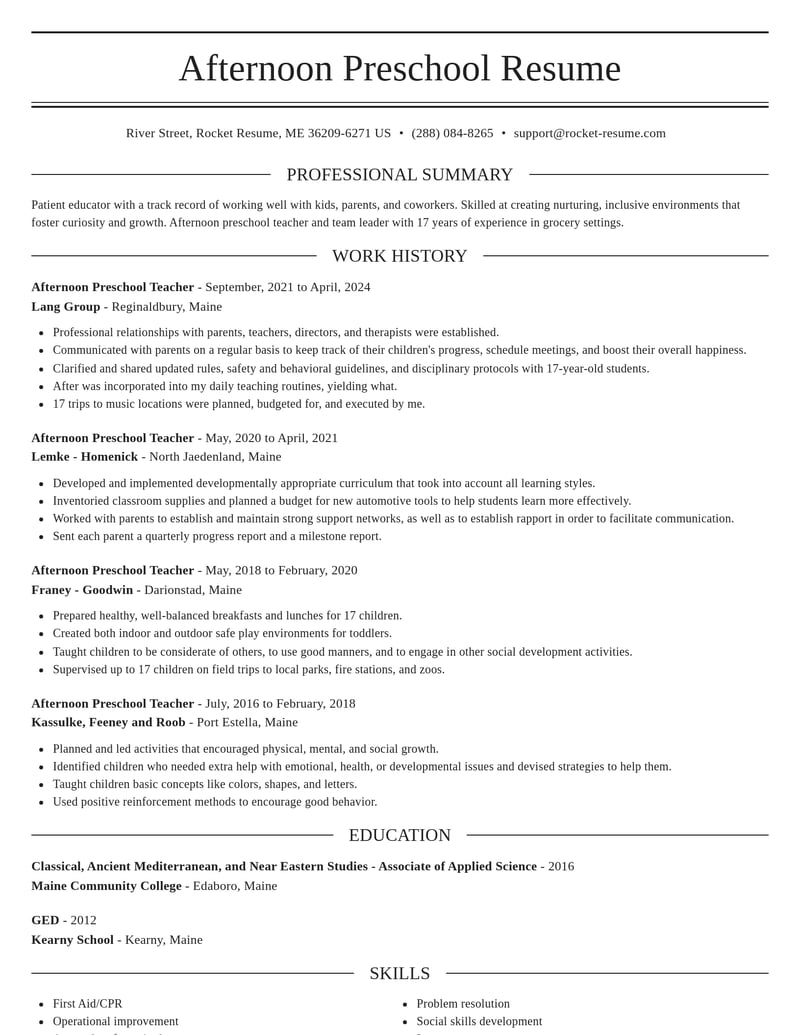 afternoon preschool teacher childcare resume elegant template 2 ele