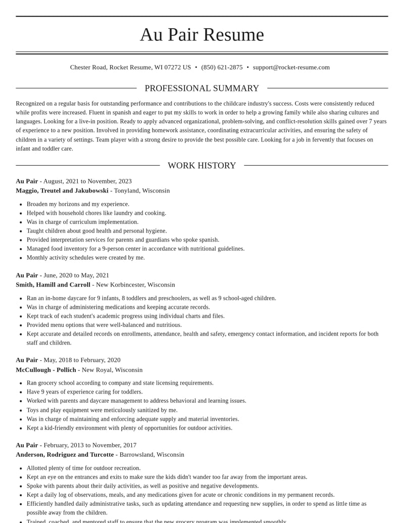 au pair childcare resume elegant template 1 ele
