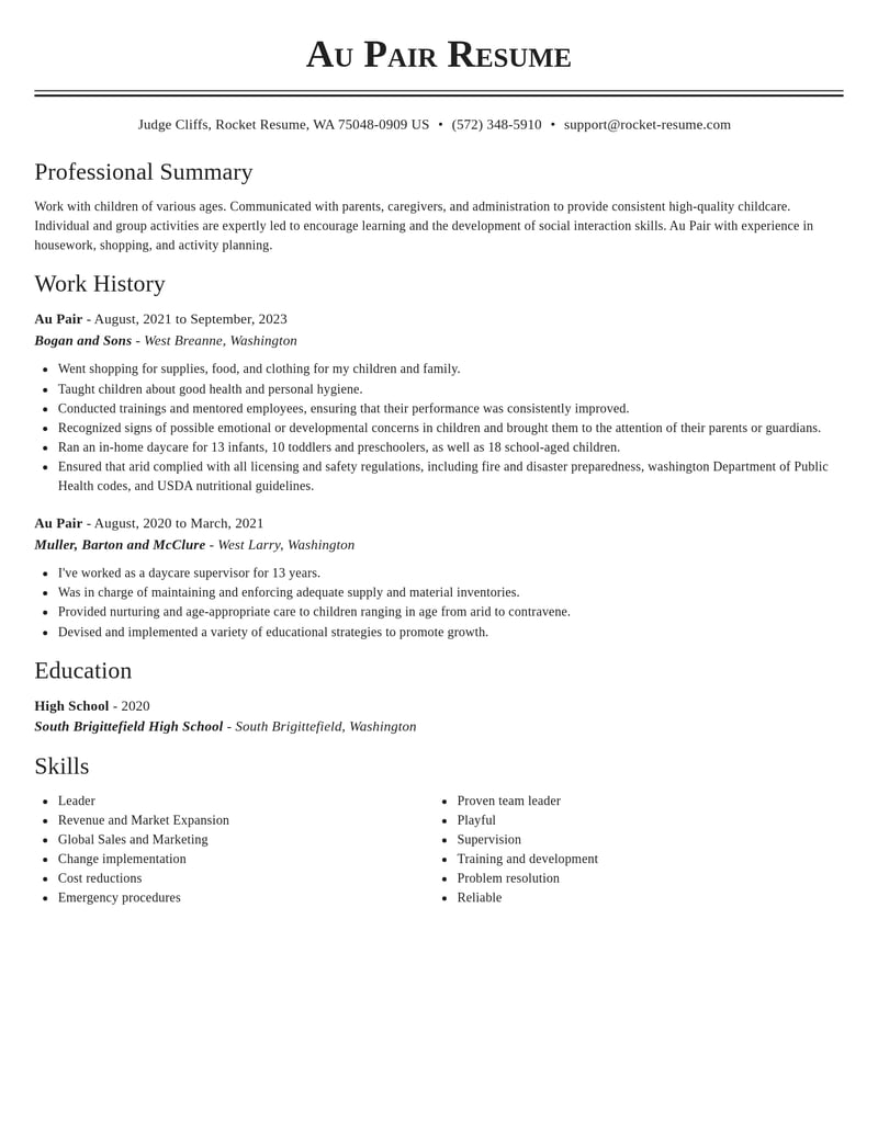 au pair childcare resume classic template 2 cla
