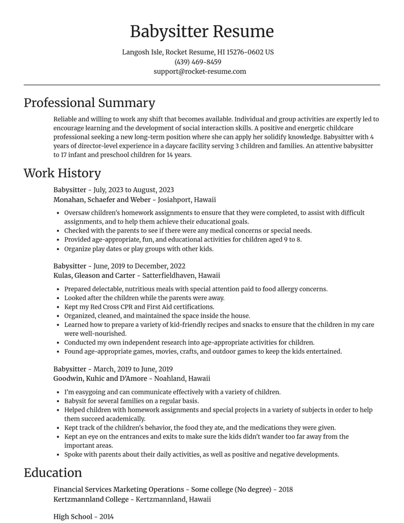 babysitter childcare resume focal point template 0 foc