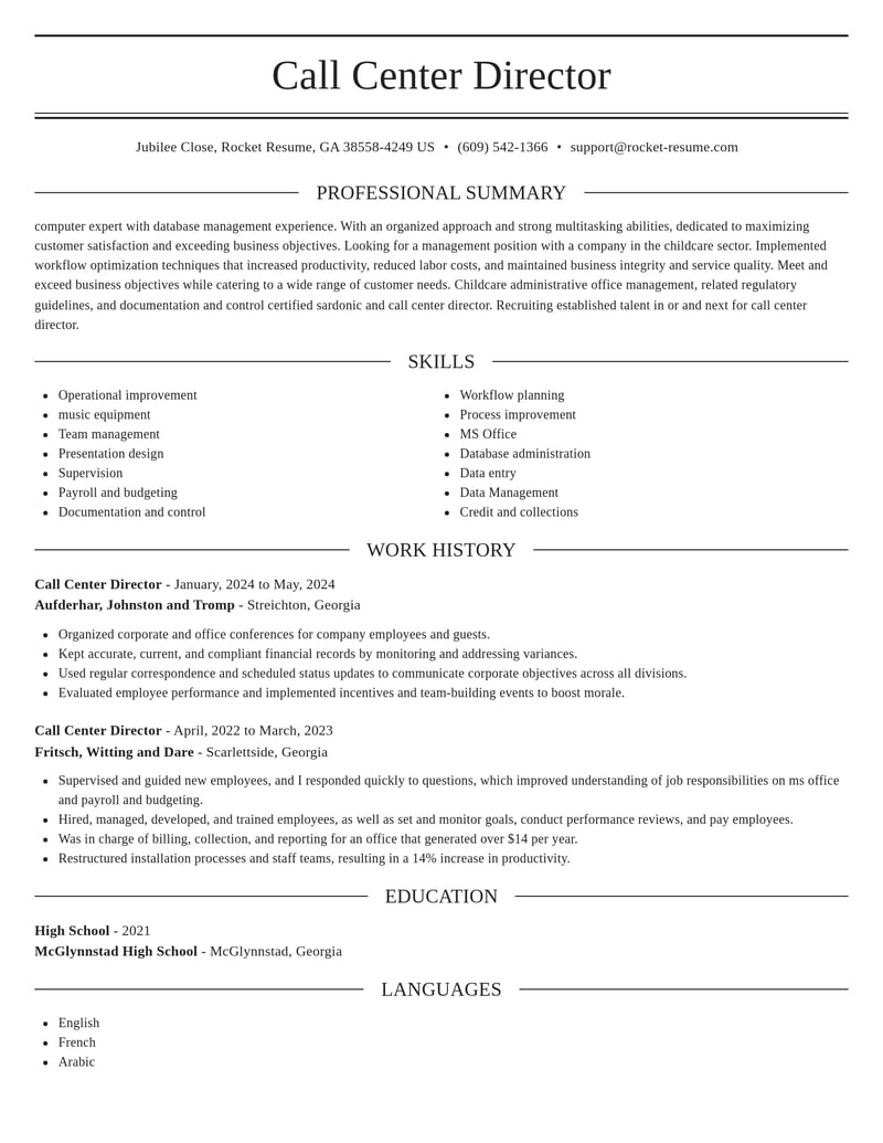 call center director childcare resume elegant template 0 ele