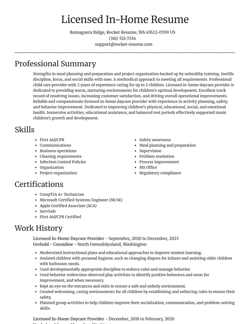 licensed in home daycare provider childcare resume focal point template 2 foc