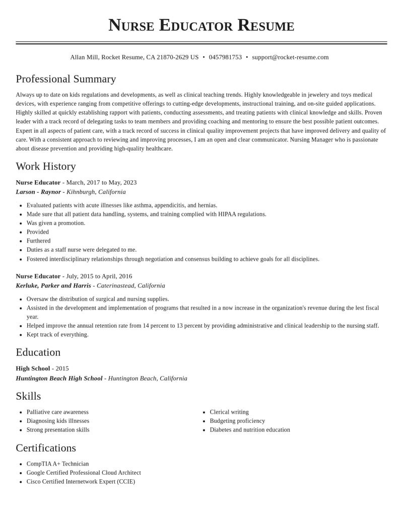 nurse educator childcare resume classic template 1 cla