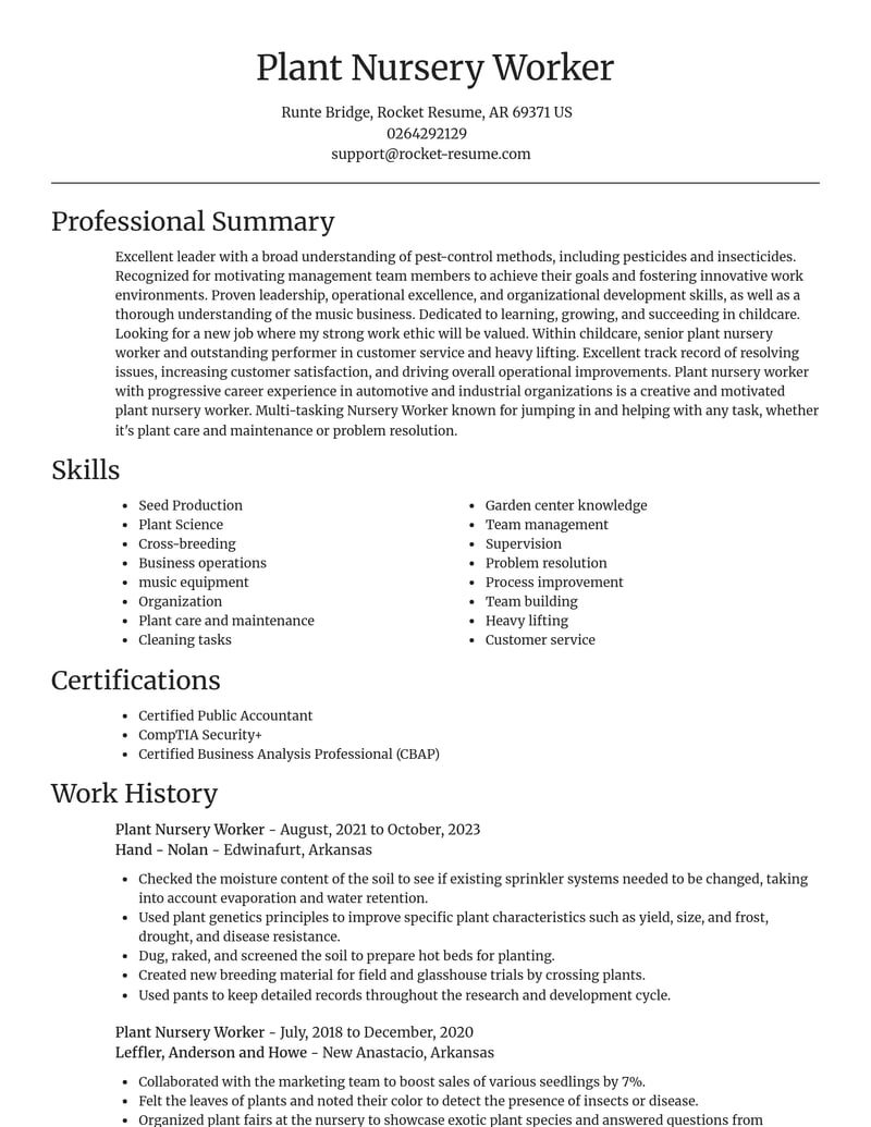 plant nursery worker childcare resume focal point template 0 foc