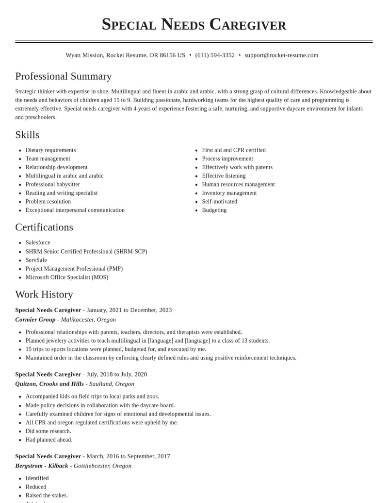 special needs caregiver childcare resume classic template 0 cla