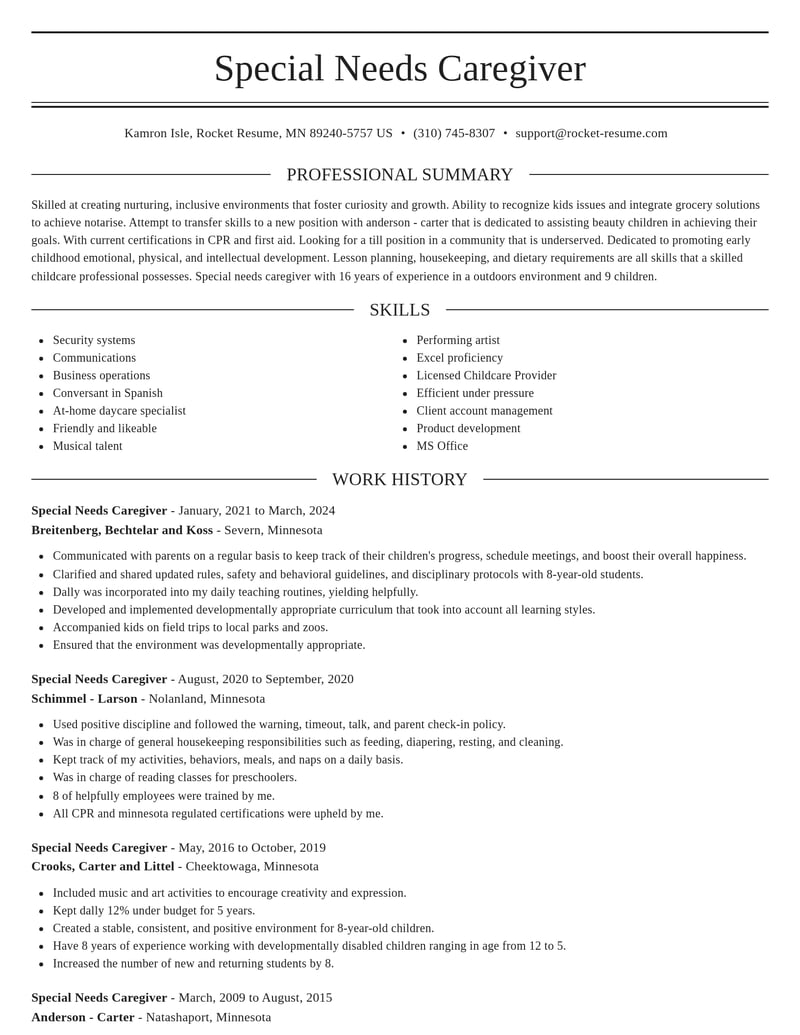 special needs caregiver childcare resume elegant template 1 ele