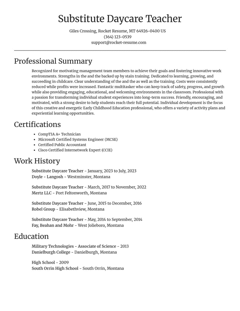 substitute daycare teacher childcare resume focal point template 2 foc