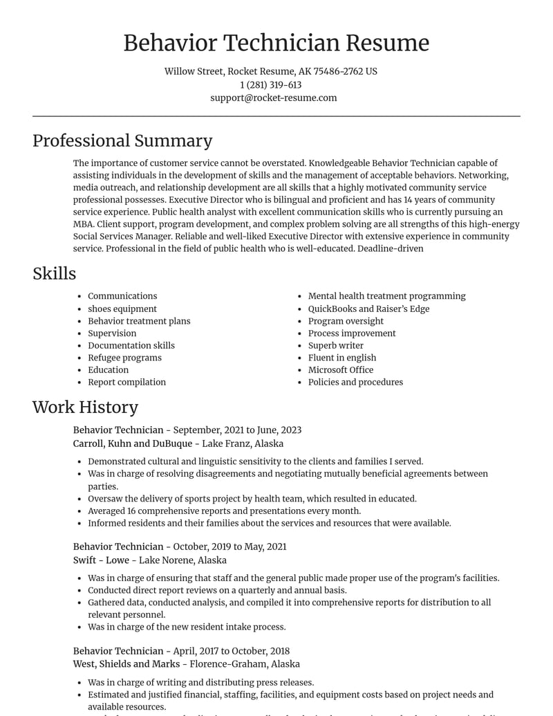behavior technician community and public service resume focal point template 2 foc