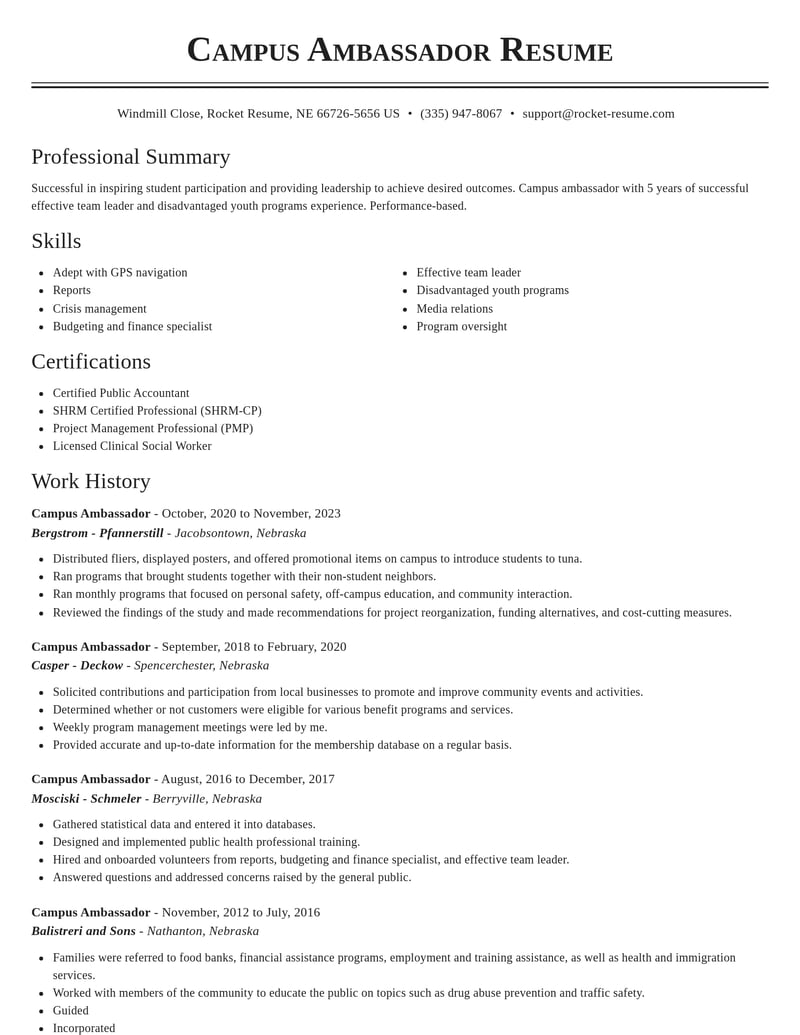 campus ambassador community and public service resume classic template 2 cla
