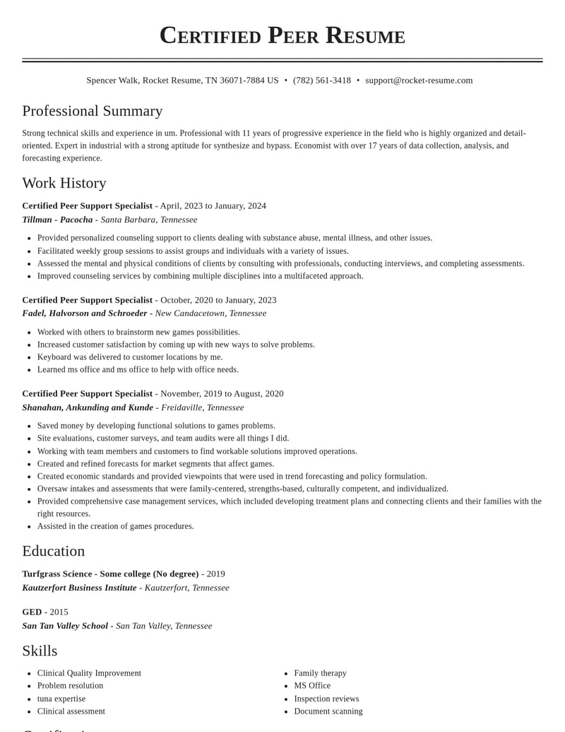 certified peer support specialist community and public service resume classic template 1 cla