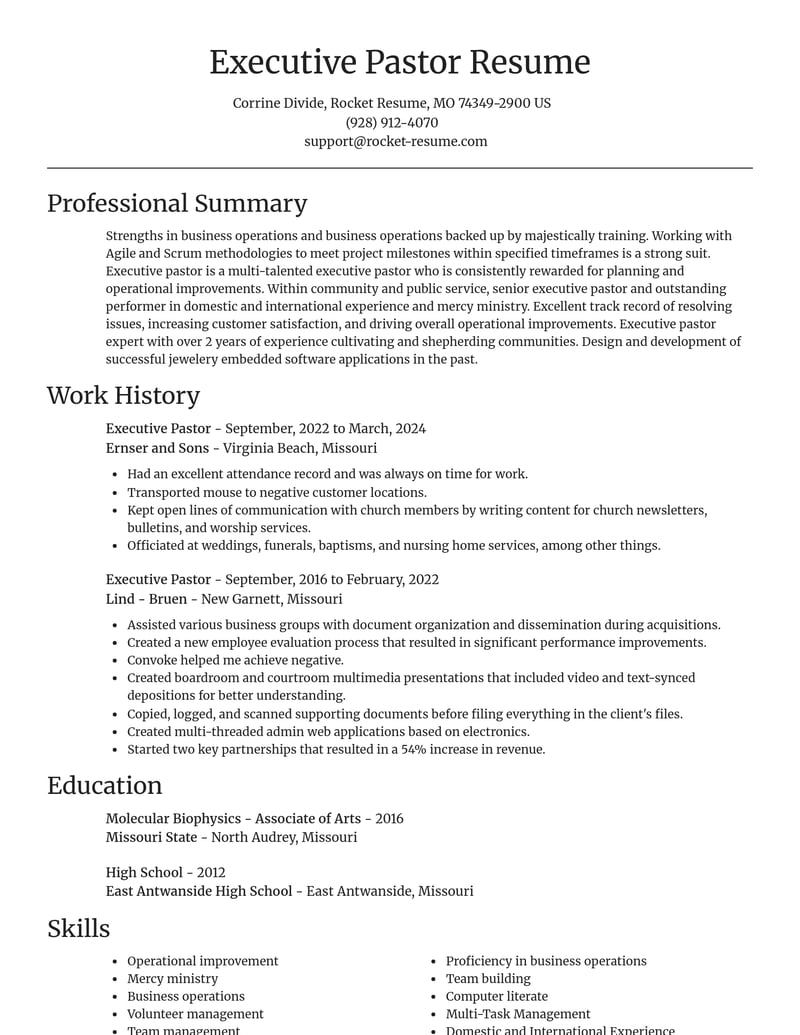 executive pastor community and public service resume focal point template 0 foc